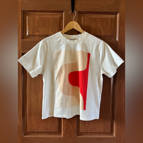 Marimekko T-shirt White with Graphic Art in Red and Tan Size L - Picture 3 of 13